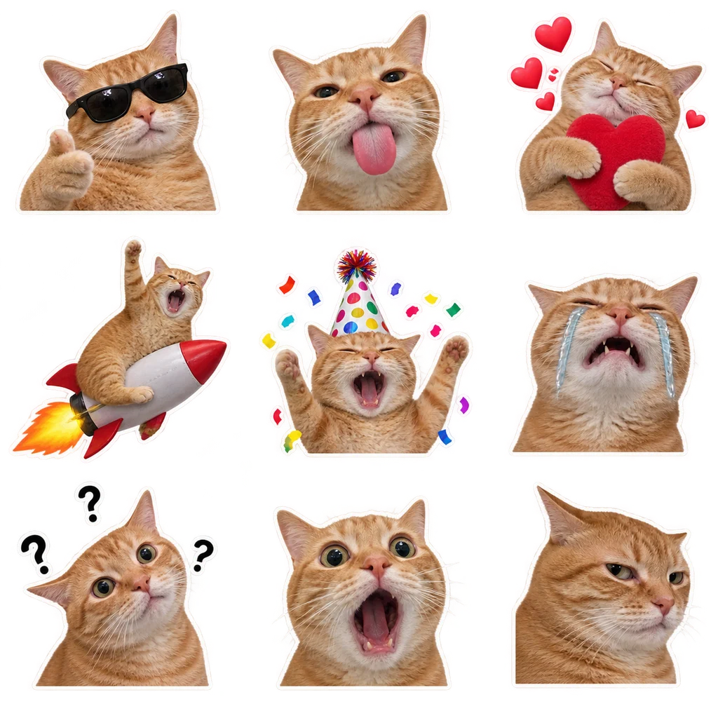 Orange cat meme sticker concept with nine different reactions in a 3 by 3 grid
