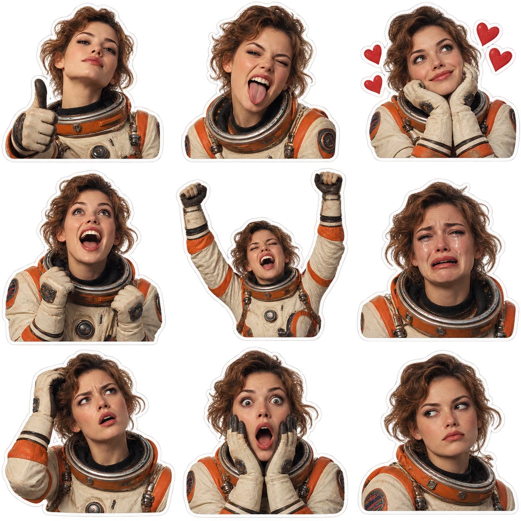 Original fictional space explorer in nine cinematic reaction sticker poses