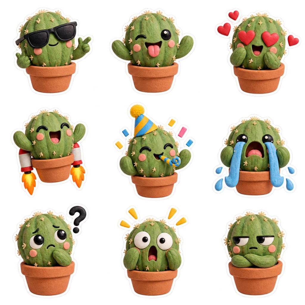 Anthropomorphic cactus in a terracotta pot expressing nine funny emotions as stickers