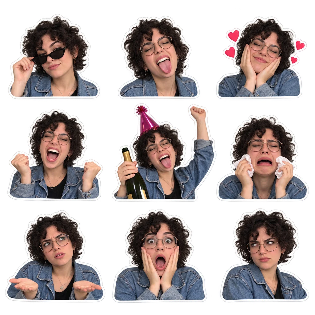 Realistic fictional woman with curly hair and glasses in nine expressive meme sticker poses