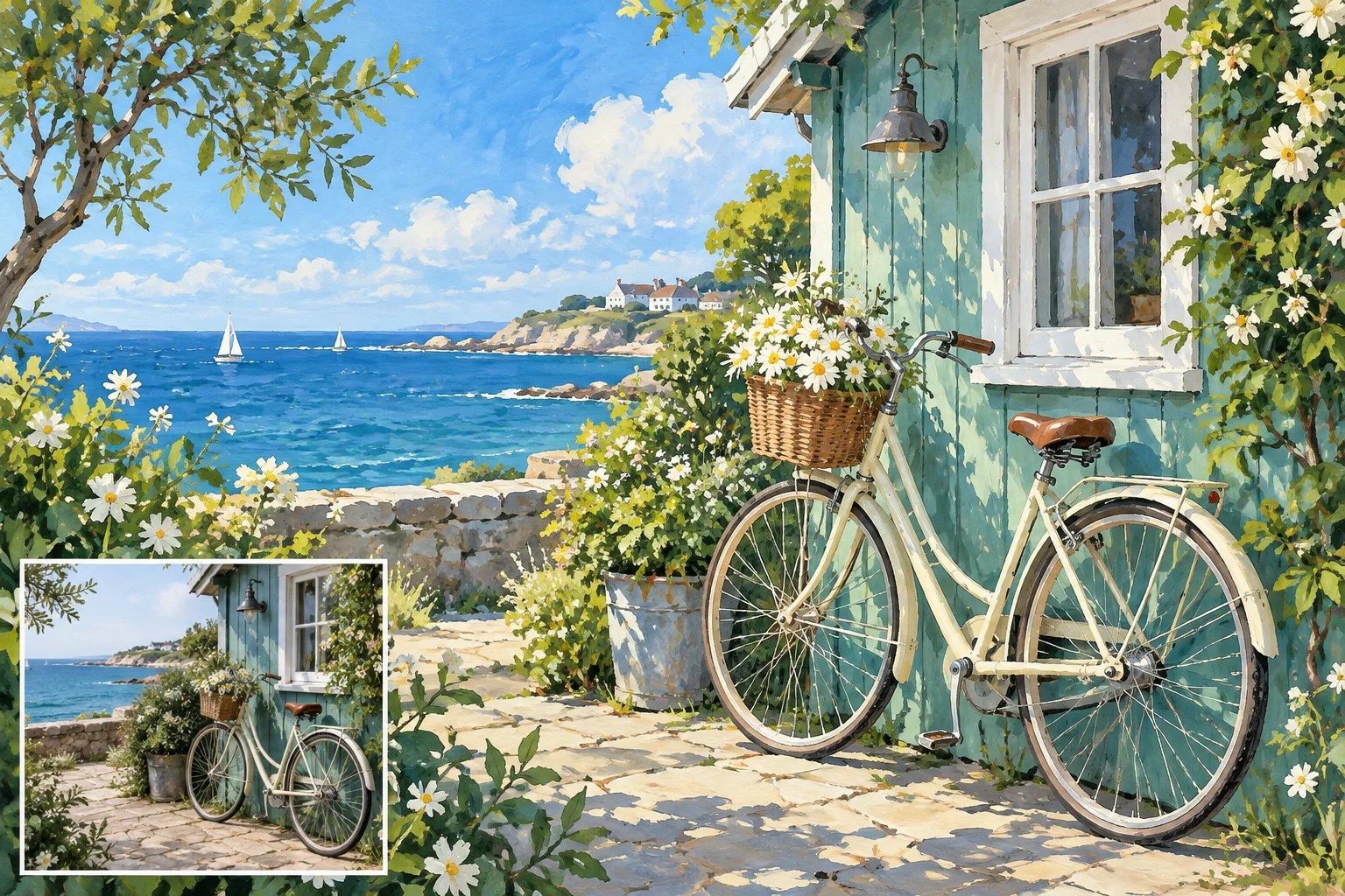 A sunlit seaside cottage and bicycle reimagined as a painting