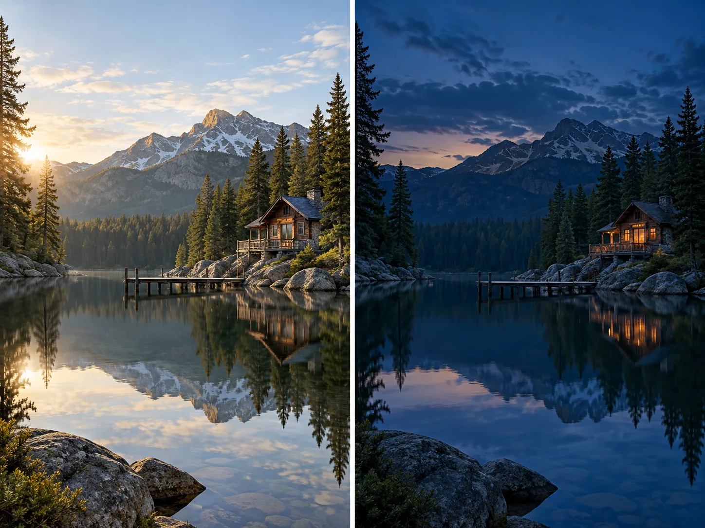 Daylight cabin reference on the left and CiciGPT blue-hour output on the right