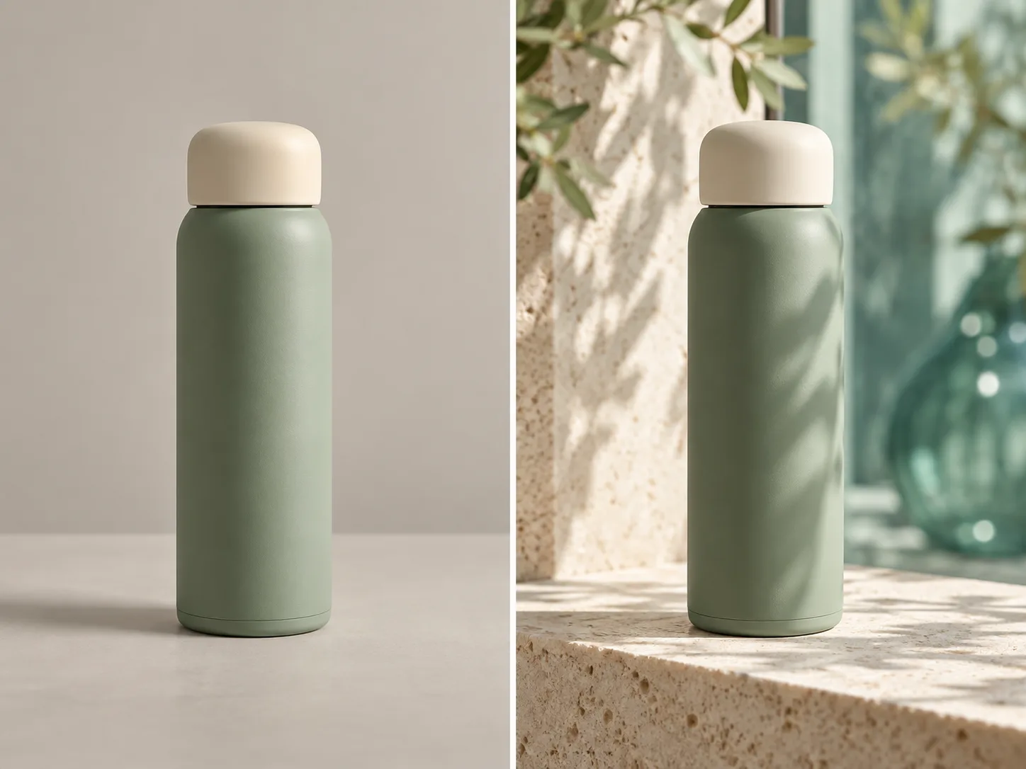 Sage bottle reference on the left and CiciGPT output on a sunlit stone surface on the right