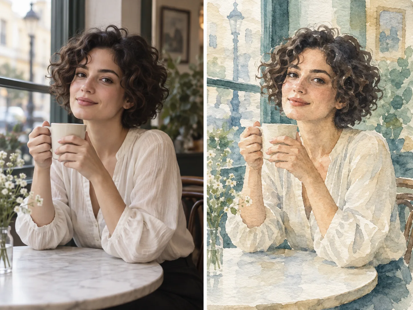 Reference portrait on the left and CiciGPT watercolor output on the right