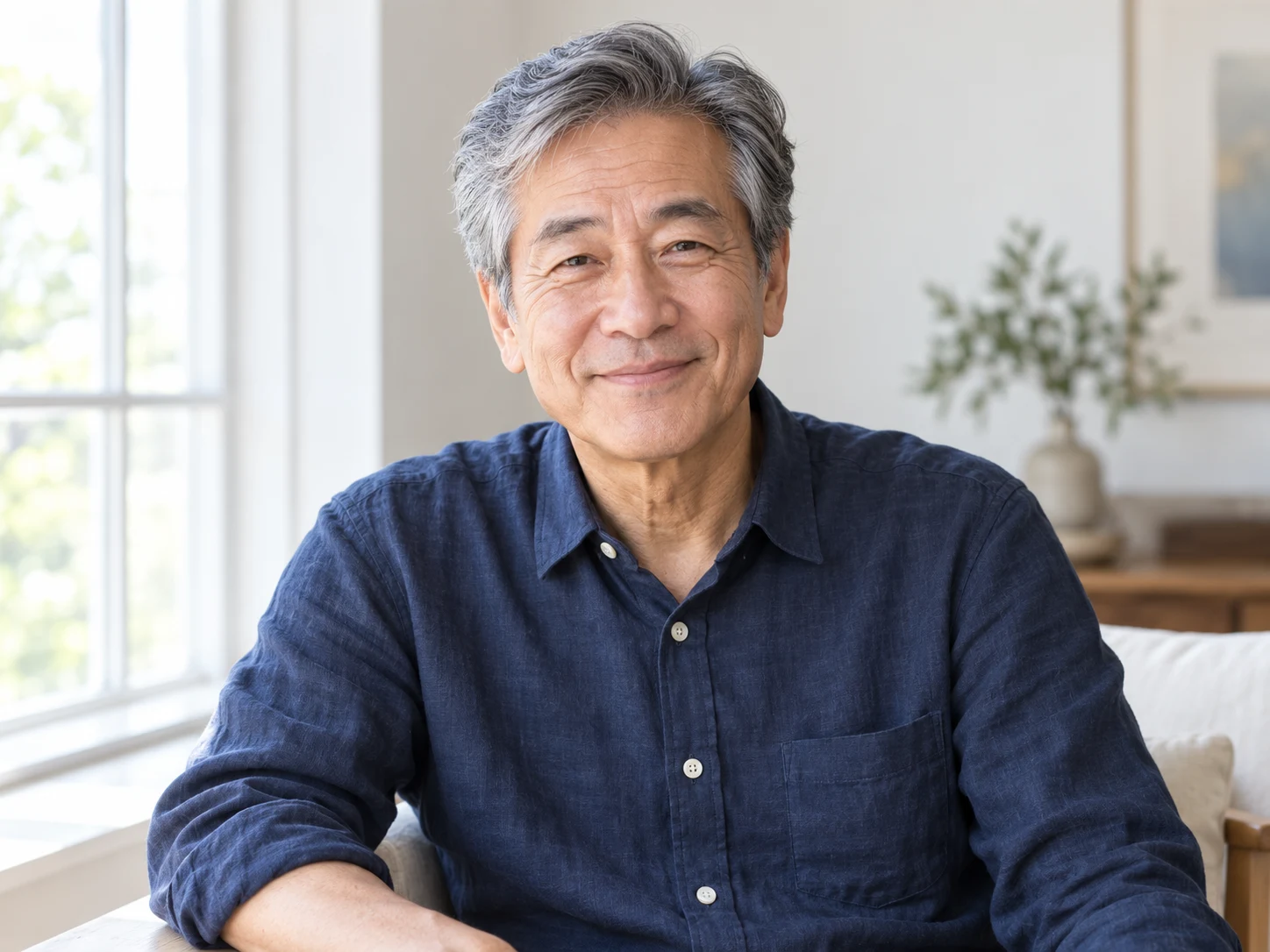 Smiling older man beside a window, with natural skin and hair detail