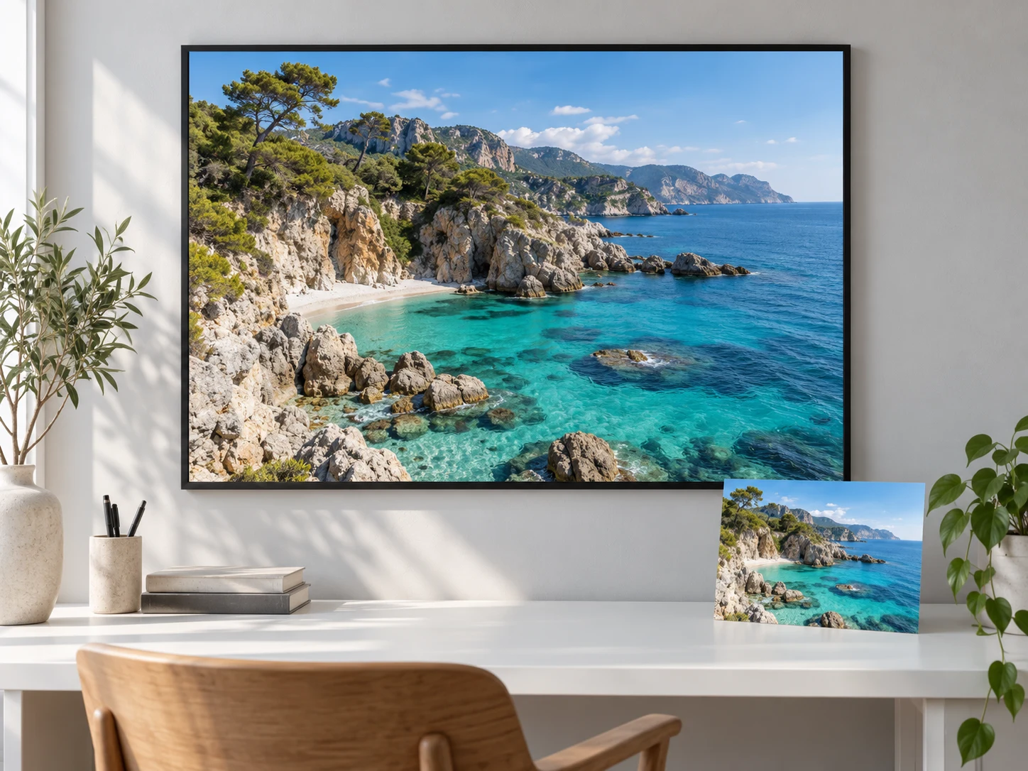 Large framed coastal print with a small matching photo below it