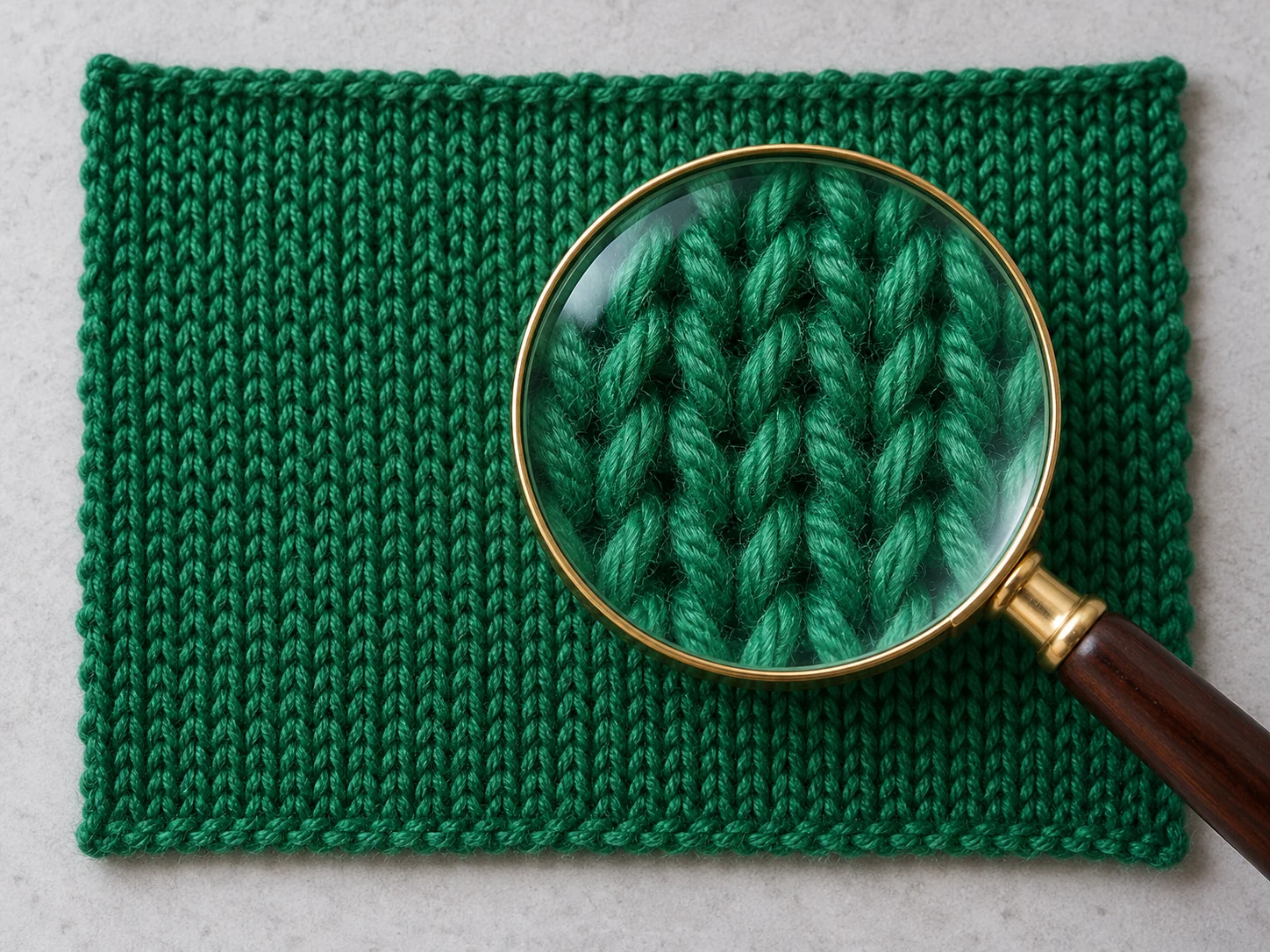 Magnifying glass revealing the texture of green knitted fabric