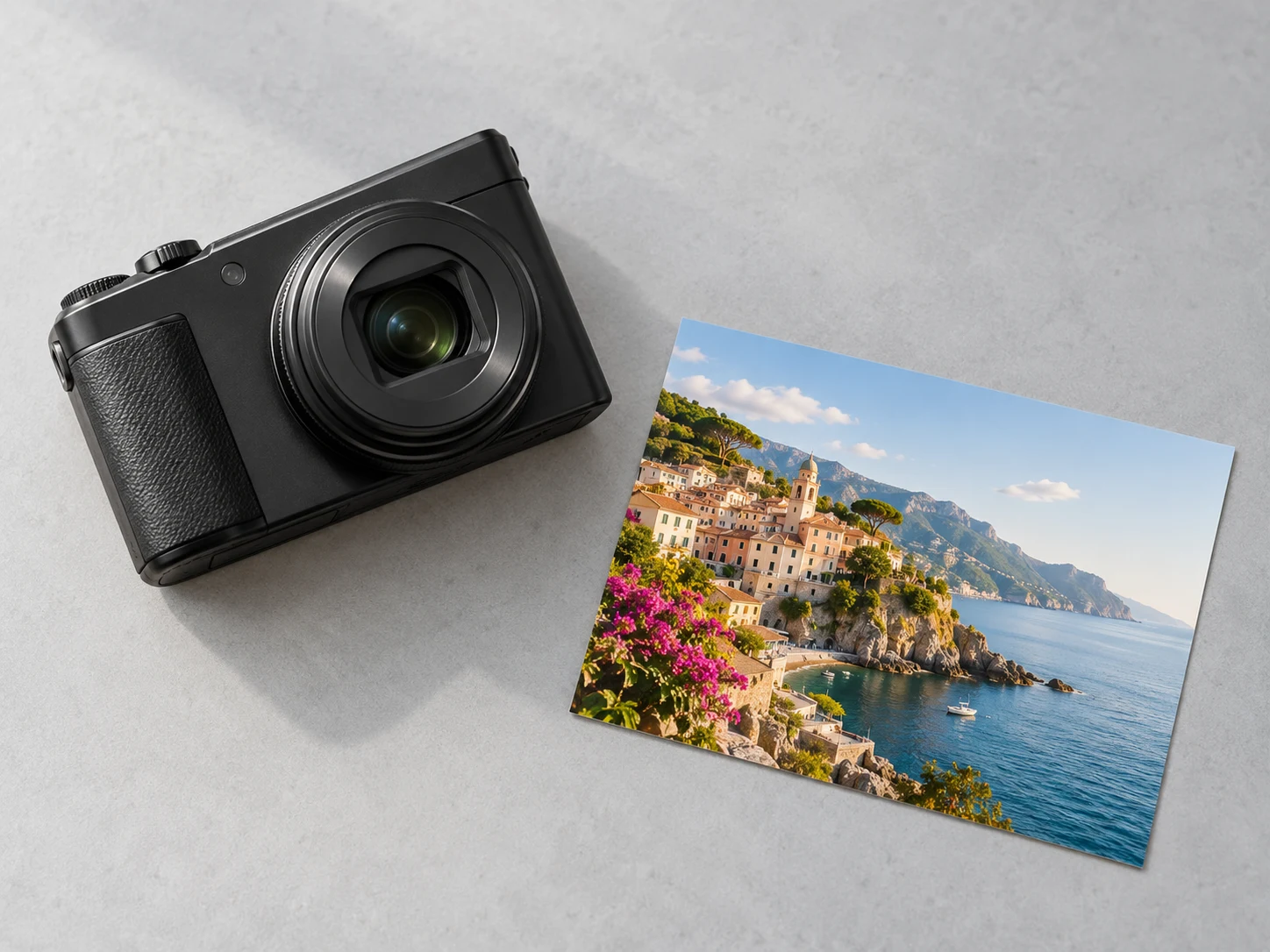 Digital camera beside a coastal photo on a desk