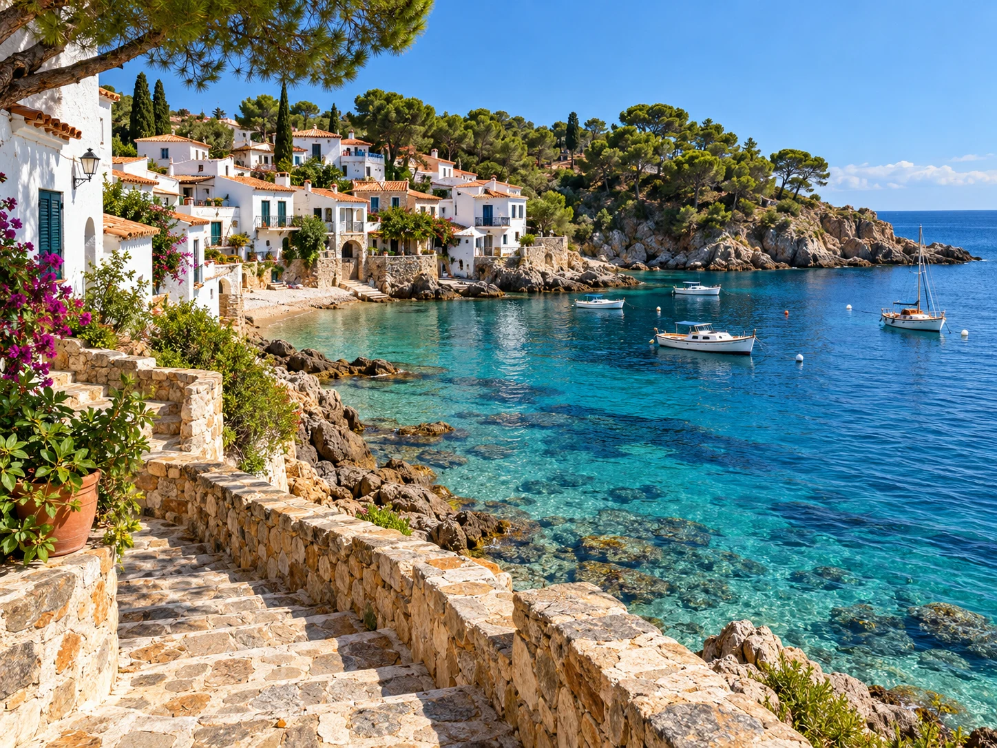 Coastal village with stone steps, white houses, and boats in turquoise water