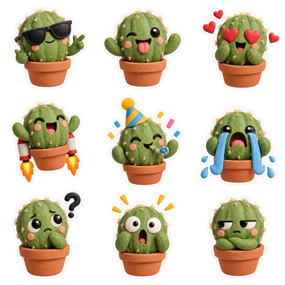 Demo of nine expressive plant reaction stickers in a square sheet