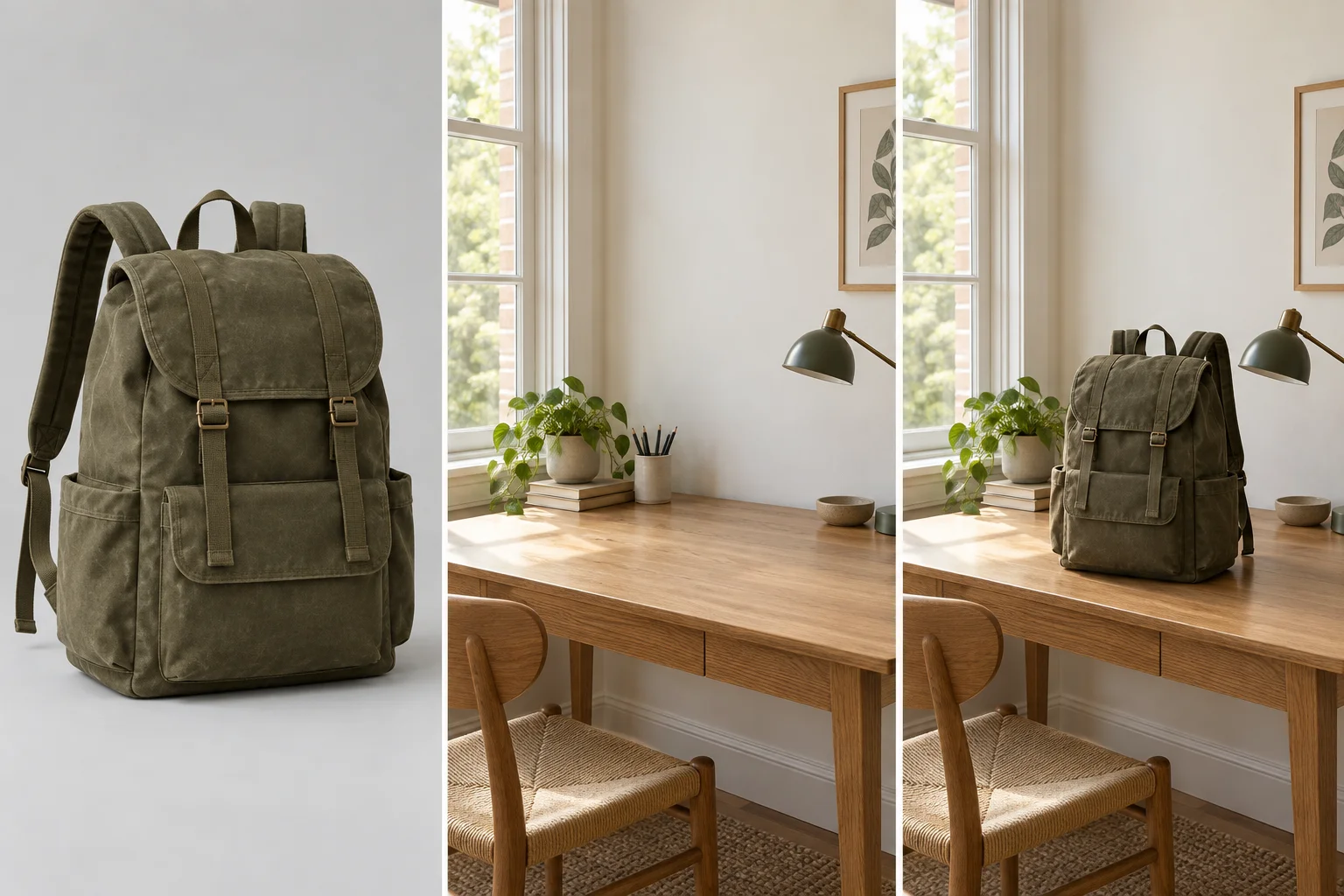 AI-generated triptych showing an olive backpack, an oak desk reference, and a backpack-on-desk compositing concept