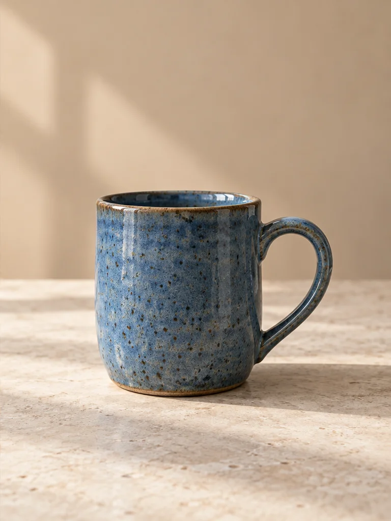 Illustrative blue ceramic mug against a beige wall on a pale stone counter