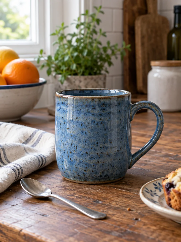 AI-generated blue ceramic mug on a kitchen table with a towel and spoon