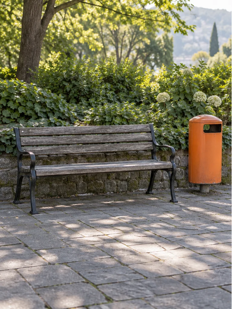 AI-generated park bench with an orange bin beside it