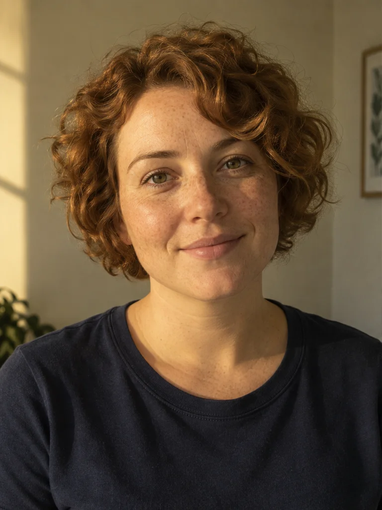 AI-generated portrait of a freckled adult with curly auburn hair in warm side light