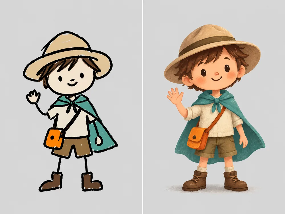 Simple hand-drawn explorer character beside a finished storybook illustration of the same character