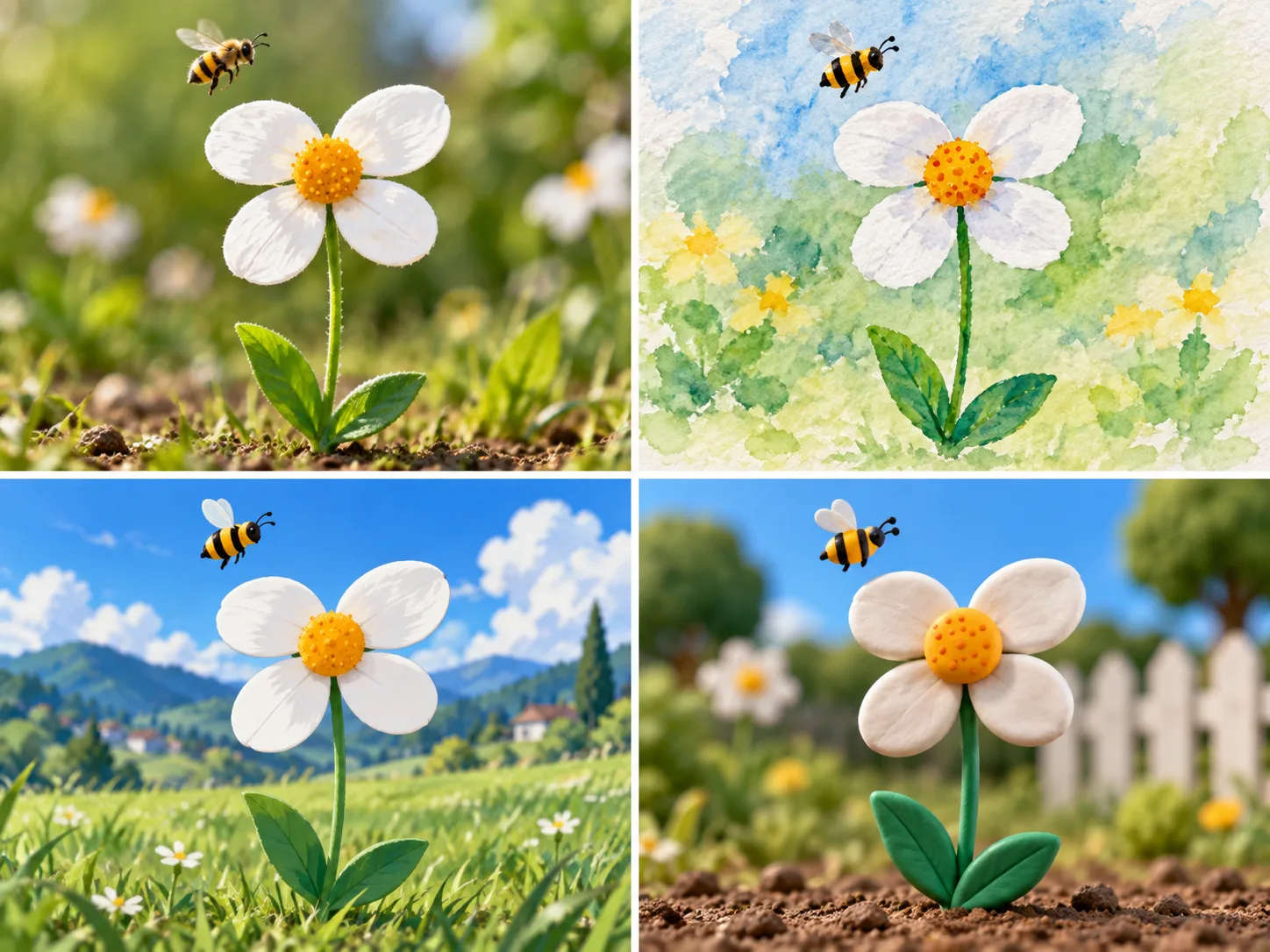 The same simple flower and bee sketch interpreted as a realistic photo, watercolor, anime-style art, and a 3D-style render