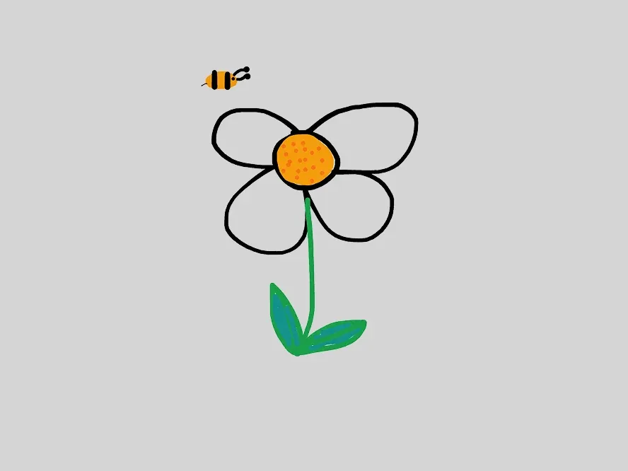 Original simple hand-drawn flower and bee sketch with uneven black outlines and a few flat colors
