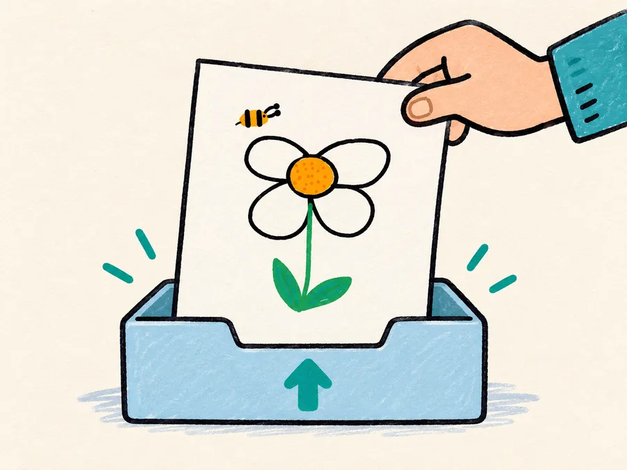 Hand-drawn flower sketch being placed into an upload tray