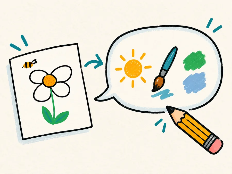 Hand-drawn flower sketch beside visual cues for lighting, color, and style in a prompt bubble
