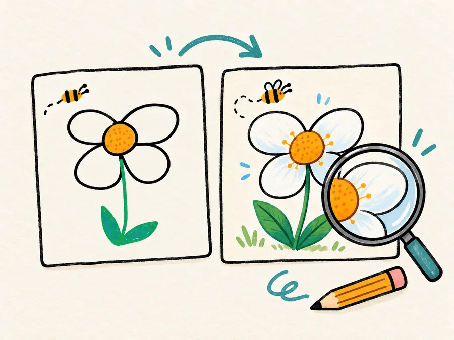 Original flower doodle beside a finished illustration being checked with a magnifying glass