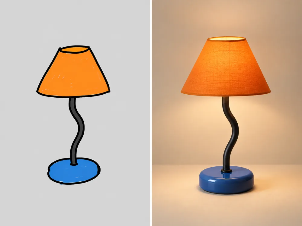 Rough hand-drawn table lamp beside a realistic product concept image that keeps its shape and colors