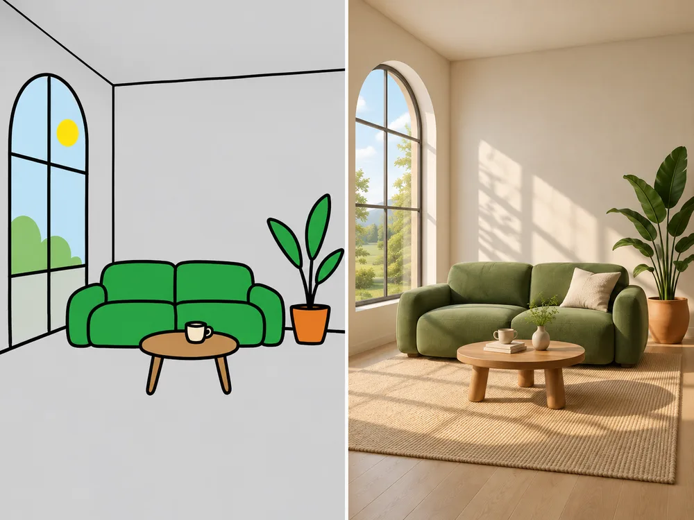 Simple hand-drawn room layout beside a realistic interior concept with the same window and furniture positions